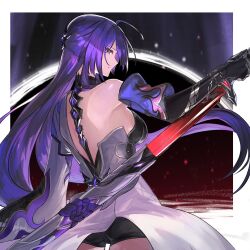 Rule 34 | 1girl, acheron (honkai: star rail), bare back, black shorts, blue eyes, coat, commentary, cowboy shot, highres, holding, holding sword, holding weapon, honkai: star rail, honkai (series), jazztaki, katana, long hair, looking at viewer, purple hair, scabbard, sheath, short shorts, shorts, single bare shoulder, solo, sword, very long hair, weapon, white coat