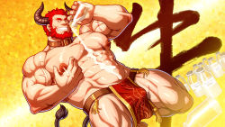 Rule 34 | 1boy, abs, bara, beard, belt collar, bulge, chinese zodiac, collar, cow boy, cow horns, cropped legs, facial hair, fate/grand order, fate (series), grabbing, grin, happy new year, highres, horns, iskandar (fate), large pectorals, leather, leather collar, looking at viewer, male focus, male lactation, mature male, muscular, muscular male, new year, nipples, pectoral grab, pectorals, pelvic curtain, pouring, red eyes, red hair, short hair, smile, solo, spilling, stomach, textless version, thick thighs, thighs, topless male, year of the ox, zelo-lee