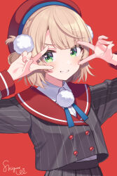 Rule 34 | 1girl, artist name, beret, black jacket, blonde hair, blush, bow, double v, green eyes, hat, indie virtual youtuber, jacket, looking at viewer, red bow, red hat, shigure ui, shigure ui (vtuber), short hair, simple background, smile, solo, striped clothes, striped jacket, v, vertical-striped clothes, vertical-striped jacket, virtual youtuber