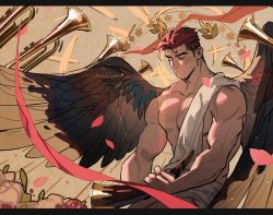 Rule 34 | 1boy, abs, amo (amo9612), ancient greek clothes, bare pectorals, bare shoulders, biceps, brown hair, closed eyes, flower, greco-roman clothes, horns, large pectorals, laurels, male focus, manly, multiple wings, muscular, no nipples, original, pectorals, petals, revealing clothes, ribbon, rose petals, sketch, solo, tunic, wings