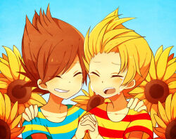 Rule 34 | 2boys, biseibutu, blonde hair, brothers, brown hair, child, claus (mother 3), crying, flower, lucas (mother 3), male focus, mother (game), mother 3, multiple boys, nintendo, open mouth, shirt, short hair, siblings, smile, streaming tears, striped clothes, striped shirt, sunflower, tears