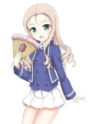 Rule 34 | 1girl, :d, bc freedom (emblem), bc freedom military uniform, blue jacket, blush, commentary request, emblem, flipper, folding fan, forehead, fur trim, girls und panzer, green eyes, hand fan, holding, holding fan, jacket, light brown hair, long hair, long sleeves, looking at viewer, marie (girls und panzer), open mouth, parted bangs, pleated skirt, ringlets, shirt, simple background, skirt, smile, solo, white background, white shirt, white skirt