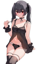 Rule 34 | 1girl, babydoll, bare arms, bare shoulders, black babydoll, black choker, black hair, black scrunchie, black thighhighs, blush, bow, bow panties, breasts, choker, cleavage, closed mouth, collarbone, feet out of frame, frilled cuffs, gin00, hair ornament, hair scrunchie, hand up, highres, idolmaster, idolmaster shiny colors, invisible chair, long hair, morino rinze, navel, panties, raised eyebrows, red eyes, scrunchie, sidelocks, simple background, sitting, skindentation, small breasts, smile, spaghetti strap, stomach, strap pull, thigh strap, thighhighs, thighs, twintails, two-tone panties, underwear, underwear only, white background, wrist cuffs