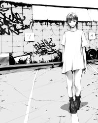 Rule 34 | 1girl, absurdres, boots, closed mouth, graffiti, greyscale, highres, looking at viewer, monochrome, mural, naked shirt, negative space, original, outdoors, shirt, short hair, short sleeves, solo, standing, wataboku