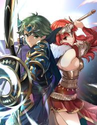 Rule 34 | 1boy, 1girl, alm (fire emblem), armor, arrow (projectile), bow (weapon), breasts, cape, celica (fire emblem), closed mouth, fingerless gloves, fire emblem, fire emblem echoes: shadows of valentia, fire emblem heroes, from side, fur trim, gloves, green eyes, green hair, headpiece, highres, holding, holding bow (weapon), holding sword, holding weapon, long hair, matching hair/eyes, misu kasumi, nintendo, red eyes, red hair, short hair, sideboob, sword, weapon