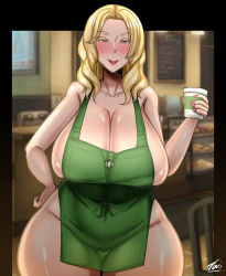 Rule 34 | 1girl, absurdres, apron, blonde hair, breasts, cleavage, curvy, highres, huge breasts, iced latte with breast milk (meme), long hair, meme, nail polish, naked apron, pink eyes, sideboob, smile, solo, thick thighs, thighs, toui, wide hips