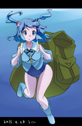 Rule 34 | 1girl, backpack, bag, blue eyes, blue footwear, blue hair, boots, breasts, diving, female focus, full body, hair bobbles, hair ornament, highres, holding breath, kawashiro nitori, key, large breasts, matching hair/eyes, namauni, no headwear, no headwear, no pants, rubber boots, school swimsuit, shirt, solo, swimsuit, swimsuit under clothes, touhou, twintails, two side up, underwater