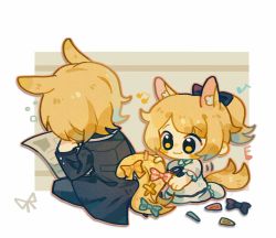 Rule 34 | 1boy, 1girl, aged down, animal ear fluff, animal ears, arknights, beamed eighth notes, black bow, black jacket, black pants, blemishine (arknights), blonde hair, blue bow, blush stickers, bow, closed mouth, commentary request, dress, eighth note, hair bow, hand up, highres, horse ears, horse girl, horse tail, jacket, long sleeves, mlynar (arknights), musical note, orange bow, pants, pink bow, ponytail, short sleeves, smile, socks, starchue, tail, white dress, white socks