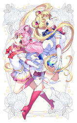 Rule 34 | 2girls, :d, back bow, bishoujo senshi sailor moon, blonde hair, blue eyes, blue sailor collar, boots, bow, bowtie, breasts, brooch, chibi usa, choker, circlet, closed mouth, commentary, cone hair bun, crescent, crescent earrings, double bun, earrings, elbow gloves, english commentary, full body, gloves, hair bun, heart, heart brooch, heart choker, high heel boots, high heels, highres, jewelry, knee boots, leg up, long hair, looking at viewer, magical girl, medium breasts, miniskirt, multicolored clothes, multicolored skirt, multiple girls, nardack, open mouth, pink hair, red bow, red eyes, red footwear, red neckwear, sailor chibi moon, sailor collar, sailor moon, sailor senshi uniform, shirt, shoe soles, skirt, small breasts, smile, super sailor chibi moon, super sailor moon, tsukino usagi, twintails, very long hair, white bow, white gloves, white shirt