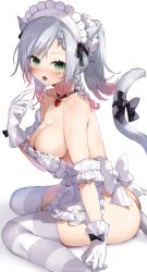 Rule 34 | 1girl, absurdres, animal ears, apron, ass, bare shoulders, black bow, black choker, black ribbon, bow, braid, breasts, cat ears, cat girl, cat tail, choker, cleavage, colored tips, cream, cream on body, cream on face, facial mark, final fantasy, final fantasy xiv, food, food on body, food on face, frilled apron, frilled gloves, frilled hairband, frills, from side, gloves, gradient hair, green eyes, grey hair, hair ribbon, hairband, heart, highres, index finger raised, looking at viewer, maid, maid headdress, medium breasts, miqo&#039;te, multicolored hair, naked apron, no panties, open mouth, pendant choker, red hair, ribbon, sidelocks, simple background, sitting, skindentation, slit pupils, solo, striped clothes, striped thighhighs, swept bangs, tail, tail bow, tail ornament, thighhighs, thighs, tongue, tongue out, twitter username, two-tone legwear, wariza, warrior of light (ff14), whisker markings, white apron, white background, white gloves, white hairband, yana mori