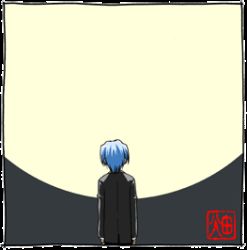 Rule 34 | 00s, 1boy, arms at sides, ayasaki hayate, black border, blue hair, border, cowboy shot, facing away, formal, from behind, hata kenjirou, hayate no gotoku!, long sleeves, lowres, male focus, moon, solo, standing, suit, two-tone background