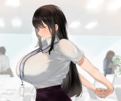 Rule 34 | 1girl, arms behind back, black hair, black skirt, blurry, blurry background, breasts, closed eyes, closed mouth, collared shirt, commentary request, dress shirt, from side, huge breasts, id card, indoors, lanyard, long hair, monitor, office, office lady, original, pencil skirt, ricochet-gou, shirt, shirt tucked in, short sleeves, sidelocks, skirt, standing, stretched limb, stretching, white shirt