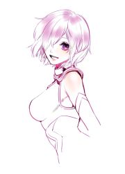 Rule 34 | 1girl, :d, bare shoulders, blush, breasts, cropped torso, elbow gloves, fate (series), from side, gloves, hair over one eye, large breasts, looking at viewer, looking to the side, mash kyrielight, monochrome, one eye covered, open mouth, pink eyes, pink hair, pink theme, short hair, simple background, smile, solo, tenobe, white background