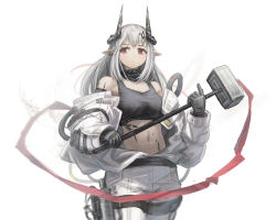 Rule 34 | 1girl, absurdres, arknights, bare shoulders, black gloves, blush, breasts, cleavage, closed mouth, collar, collarbone, cowboy shot, earrings, franlol, gloves, grey hair, hair ornament, hammer, highres, holding, holding hammer, holding weapon, horns, infection monitor (arknights), jewelry, large breasts, long hair, looking at viewer, material growth, mudrock (arknights), mudrock (elite ii) (arknights), navel, off shoulder, open clothes, oripathy lesion (arknights), pointy ears, red eyes, simple background, solo, sports bra, stomach, weapon, white background, white hair