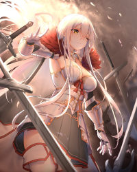 Rule 34 | 1girl, absurdres, armor, armored dress, blood, bloody tears, blush, boots, breasts, brown eyes, cape, chixiao, cloud, cloudy sky, crossed bangs, expressionless, fur-trimmed cape, fur trim, gauntlets, hair between eyes, hand up, highres, long hair, medium breasts, multiple swords, one eye closed, original, pleated skirt, red ribbon, ribbon, sidelocks, skirt, skirt under dress, sky, solo, standing, thigh boots, thighhighs, very long hair, white cape, white hair, wind