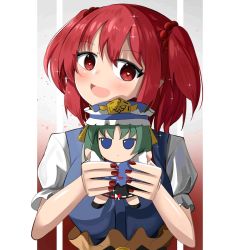 Rule 34 | 1girl, :d, balance scale, border, doll, fumo (doll), hair bobbles, hair ornament, heart, heart-shaped pupils, highres, holding, holding doll, looking at viewer, nail polish, onozuka komachi, open mouth, red eyes, red hair, red nails, shiki eiki, short hair, short sleeves, smile, spam (spamham4506), star (symbol), symbol-shaped pupils, touhou, two side up, upper body, weighing scale, white border