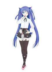 Rule 34 | 1girl, :3, :d, absurdres, alternate costume, animal print, aqua eyes, black ribbon, black skirt, black thighhighs, blue hair, blue ribbon, blush, casual, cat print, collared shirt, commentary, eyes visible through hair, frilled ribbon, frills, full body, garter straps, hair between eyes, hair ribbon, hand on own hip, hand up, highres, little busters!, long hair, long sleeves, looking at viewer, mary janes, miniskirt, natsuoto rito, neck ribbon, ojou-sama pose, one eye closed, open mouth, paw print, pink footwear, ribbon, sasasegawa sasami, shirt, shoes, simple background, skirt, smile, solo, standing, tachi-e, thighhighs, tsurime, two side up, very long hair, white background, white shirt, zettai ryouiki