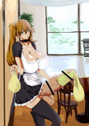 Rule 34 | 1girl, apron, blush, breasts, brown hair, censored, choker, condom, condom on penis, cum, full-package futanari, futanari, green eyes, highres, huge penis, long hair, maid, maid apron, open mouth, original, penis, solo, testicles, thighhighs, twintails, used condom, used condom on penis, uyorr, veins, veiny penis