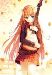 Rule 34 | 1girl, autumn, blouse, blush, bow, bowtie, collared shirt, cowboy shot, electric guitar, falling leafs, falling leaves, ginkgo leaf, guitar, instrument, leaf, long hair, lowres, miniskirt, outdoors, red bow, red bowtie, school, school uniform, serafuku, shirt, skirt, solo, two side up, ueda ryou, very long hair, white shirt