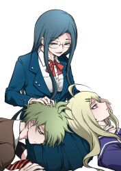 Rule 34 | 1boy, 2girls, ahoge, akamatsu kaede, amami rantaro, blonde hair, bow, bowtie, breasts, brown jacket, brown necktie, collared shirt, danganronpa (series), danganronpa v3: killing harmony, dress shirt, glasses, green jacket, green skirt, hair ornament, hairclip, highres, jacket, large breasts, long hair, looking at another, lying, multicolored necktie, multiple girls, necktie, official alternate costume, on back, on lap, open clothes, open jacket, pleated skirt, purple shirt, red bow, red bowtie, red necktie, rope, sailor collar, seiza, shachoo (poco poco), shirogane tsumugi, shirt, sitting, skirt, smile, spoilers, striped necktie, white necktie, white shirt