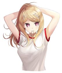 Rule 34 | 1girl, ahoge, akamatsu kaede, arms behind head, bare arms, blonde hair, breasts, commentary, danganronpa (series), danganronpa v3: killing harmony, dot nose, eighth note, fortissimo, hair ornament, in mouth, large breasts, long hair, looking to the side, musical note, musical note hair ornament, pink eyes, ponytail, purple eyes, shirt, short sleeves, simple background, solo, sportswear, ssumbi, upper body, white background, white shirt