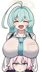 Rule 34 | 2girls, :t, ^ ^, ahoge, aqua necktie, blue archive, blush, breast rest, breasts, breasts on head, chest harness, closed eyes, collarbone, facing viewer, green hair, halo, harness, heterochromia, highres, hollyeung, hoshino (blue archive), hoshino (young) (blue archive), huge ahoge, huge breasts, looking at viewer, multiple girls, necktie, open collar, pink hair, simple background, smile, sweatdrop, white background, yume (blue archive)