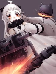 Rule 34 | 10s, 1girl, absurdres, abyssal ship, ahoge, cannon, collar, colored skin, dress, enemy aircraft (kancolle), flaming eyes, highres, horns, kantai collection, long hair, mittens, northern ocean princess, open mouth, orange eyes, shikirito, smile, solo, spiked collar, spikes, white dress, white hair, white skin