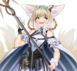 Rule 34 | 1girl, animal ear fluff, animal ears, arknights, blonde hair, blue hairband, breasts, cape, commentary, daniaeru, english commentary, gloves, green eyes, hair rings, hairband, highres, holding, holding lance, holding polearm, holding weapon, infection monitor (arknights), lance, open mouth, polearm, single glove, small breasts, smile, solo, suzuran (arknights), upper body, weapon, white background, white cape, white gloves