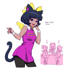 Rule 34 | 1girl, 2boys, :d, animal ears, bar stool, bare shoulders, black eyes, black hair, bow, cat ears, cat girl, cat tail, commentary request, counter, cropped legs, dark-skinned female, dark skin, fang, hair bow, highres, korean text, kuma (pripara), lau (laustar30), looking at viewer, multiple boys, multiple views, nail polish, neko (pripara), open mouth, personification, pink shirt, pretty series, pripara, shirt, short hair, simple background, sitting, sleeveless, sleeveless shirt, smile, solo focus, standing, stool, tail, translation request, usagi (pripara), white background, wrist cuffs, yellow bow, yellow wings