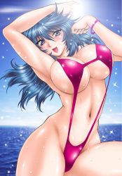 Rule 34 | 1girl, :d, arms up, bikini, blue eyes, blue hair, bracelet, breasts, groin, happy, jewelry, large breasts, long hair, manabe jouji, matching hair/eyes, mature female, navel, open mouth, original, ring x mama, sideboob, slingshot swimsuit, smile, solo, sparkle, swimsuit, takamori sanae, thighs, underboob, water, wet