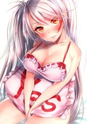 Rule 34 | 1girl, antenna hair, azur lane, babydoll, bad id, bad twitter id, bare shoulders, between legs, blush, breasts, cleavage, collarbone, eyes visible through hair, hair between eyes, hand between legs, head tilt, highres, large breasts, long hair, looking at viewer, multicolored hair, pillow, prinz eugen (azur lane), red hair, shiny skin, silver hair, sitting, smile, solo, swept bangs, thighs, touwa iyo, two side up, very long hair, yes, yes-no pillow