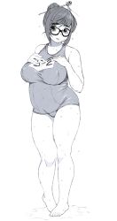Rule 34 | 1girl, bad id, bad pixiv id, breast suppress, breasts, eyebrows, glasses, greyscale, hair bun, hair ornament, hair stick, large breasts, mei (overwatch), monamin, monochrome, one-piece swimsuit, overwatch, overwatch 1, plump, school swimsuit, single hair bun, solo, standing, swimsuit, thick eyebrows, wet