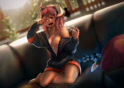 Rule 34 | 1girl, ahoge, artificialkaban, bandaid, bandaids on nipples, bare shoulders, barefoot, black hoodie, blurry, blurry background, breasts, chest tattoo, collarbone, commentary, commission, couch, demon girl, demon horns, english commentary, fang, glasses, highres, holding, holding removed eyewear, hood, hoodie, horns, long hair, medium breasts, morning, multiple tails, no bra, off shoulder, open clothes, open hoodie, original, pasties, pink hair, red eyes, rubbing eyes, semi-rimless eyewear, sitting, solo, tail, tattoo, two tails, under-rim eyewear, unworn eyewear, waking up, yokozuwari