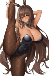 Rule 34 | 1girl, animal ears, armpits, arms up, bare arms, bare shoulders, black bow, black bowtie, black leotard, bow, bowtie, breasts, brown hair, brown pantyhose, cleavage, closed mouth, detached collar, fake animal ears, goddess of victory: nikke, large breasts, leotard, long hair, noir (nikke), pantyhose, playboy bunny, rabbit ears, simple background, solo, split, standing, standing on one leg, standing split, thighs, wei xiao, white background, wrist cuffs, yellow eyes