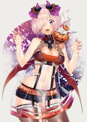 Rule 34 | &gt; &lt;, 1girl, alternate costume, bare shoulders, belt, black shorts, blush, breasts, brown thighhighs, character name, claw pose, cleavage, cleavage cutout, clothes writing, clothing cutout, creature, crop top, demon horns, demon wings, fake horns, fangs, fate/grand order, fate (series), fou (fate), grey background, hair over one eye, halloween costume, heart o-ring, honeycomb (pattern), horns, jack-o&#039;-lantern, large breasts, mash kyrielight, nail polish, navel, open mouth, pink hair, pumpkin, purple eyes, purple nails, purple wings, see-through, short hair, short shorts, shorts, sino42, sleeveless, stomach, suspenders, thighhighs, underbust, wings
