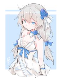 Rule 34 | 1girl, absurdres, antenna hair, bare shoulders, blue background, blue eyes, blue flower, blue rose, border, breasts, bride, cleavage, closed mouth, dress, elbow gloves, error1980, flower, gloves, hair between eyes, hair flower, hair ornament, highres, honkai (series), honkai impact 3rd, looking at viewer, rose, simple background, small breasts, solo, theresa apocalypse, twintails, two-tone background, wedding dress, white background, white dress, white gloves, white hair