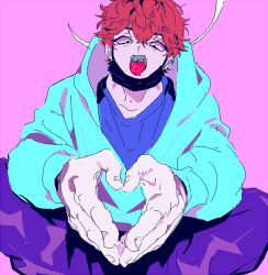 Rule 34 | 1boy, aqua hoodie, black mask, blood, blood drop, blood on teeth, blue shirt, collarbone, curly hair, ear piercing, fangs, from below, heart, heart hands, indian style, jaemin107, looking at viewer, male focus, mask pull, open mouth, original, own hands together, pants, piercing, pink background, purple pants, red hair, saliva, shirt, short hair, sitting, solo, teeth, tongue, tongue out, white eyes