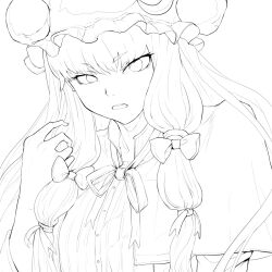 Rule 34 | 1girl, bow, bowtie, bun cover, buttons, collared capelet, commentary, crescent, crescent hat ornament, double bun, dress, eyelashes, frilled hat, frills, frown, hair bow, hair bun, hand in own hair, hat, hat ornament, layered sleeves, lineart, long hair, long sleeves, looking at viewer, mob cap, multiple hair bows, open mouth, patchouli day, patchouli knowledge, ranko no ane, robe, short over long sleeves, short sleeves, sidelocks, striped clothes, striped dress, teeth, touhou, unfinished, upper teeth only, v-shaped eyebrows, vertical-striped clothes, vertical-striped dress, very long hair, white background, wide sleeves