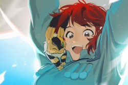 Rule 34 | 1girl, :d, animal, animal on shoulder, arms up, bad id, bad tumblr id, blurry, blurry background, close-up, collar, highres, kaze no tani no nausicaa, long sleeves, looking down, maro (lij512), nausicaa, one eye closed, open mouth, red hair, short hair, smile, solo
