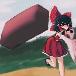 Rule 34 | 1girl, absurdres, black hair, bow, brick, commentary, detached sleeves, english commentary, foot out of frame, foot up, frilled bow, frilled hair tubes, frills, hair bow, hair tubes, hakurei reimu, highres, iesonatana, looking at viewer, medium hair, open mouth, outdoors, red bow, red eyes, red shirt, red skirt, ribbon-trimmed sleeves, ribbon trim, shirt, shoes, sidelocks, skirt, sleeveless, sleeveless shirt, solo, standing, standing on one leg, throwing, touhou, v-shaped eyebrows, white sleeves, wide sleeves