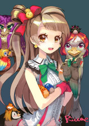 Rule 34 | 10s, 1girl, bird, blush, bokura wa ima no naka de, bow, brown hair, fingerless gloves, gloves, hair bow, long hair, looking at viewer, love live!, love live! school idol project, minami kotori, open mouth, ostrich, riccae, side ponytail, smile, solo, wig