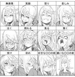 Rule 34 | 1girl, blank stare, blush, blush stickers, closed eyes, closed mouth, commentary request, expression chart, fu-ta, hair ornament, hairclip, long hair, looking at viewer, monochrome, multiple views, open mouth, original, sleeves past wrists, smile, surprised, sweat, teeth, translation request, trembling, usami taiga, wavy mouth