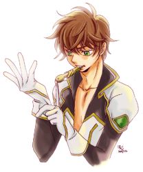 Rule 34 | 00s, 1boy, bodysuit, brown hair, code geass, collarbone, dressing, elbow gloves, gloves, green eyes, kururugi suzaku, male focus, mouth hold, open clothes, open shirt, parted lips, shirt, simple background, solo, upper body, white background, white gloves