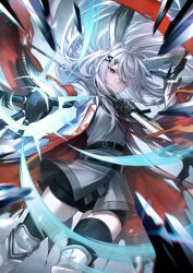 Rule 34 | 1girl, animal ears, arknights, black gloves, black skirt, blue eyes, breasts, coat, dress, expressionless, floating hair, frostnova (arknights), frown, gloves, hair ornament, hair over one eye, hairclip, hands up, highres, ice, jewelry, knife, kyusoukyu, long hair, looking at viewer, medium breasts, miniskirt, multiple rings, open clothes, open coat, originium arts (arknights), rabbit ears, rabbit girl, reaching, ring, serious, skirt, small breasts, solo, standing, thighhighs, thighs, torn clothes, torn coat, very long hair, white coat, white hair