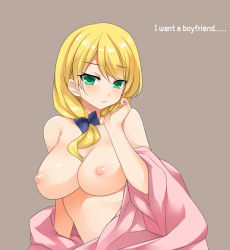 Rule 34 | 1girl, :/, bad id, bad pixiv id, beige background, blue bow, blush, bow, breasts, closed mouth, collarbone, ellen baker, english text, eyebrows, green eyes, hair bow, hair over shoulder, hand on own cheek, hand on own face, hand up, large breasts, low ponytail, new horizon, nipples, off shoulder, puffy nipples, simple background, solo, text focus, topless, yostxxx