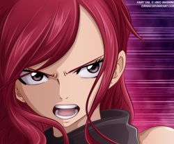 Rule 34 | 1girl, angry, bare shoulders, erza scarlet, face, fairy tail, long hair, open mouth, red hair, solo, teeth
