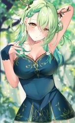 Rule 34 | 1girl, absurdres, antlers, arm up, armpits, blurry, blurry background, blush, braid, braided bangs, branch, breasts, ceres fauna, collarbone, commentary, covered navel, dress, earrings, english commentary, flower, forest, french braid, green hair, green nails, hair flower, hair ornament, highres, hololive, hololive english, horns, jewelry, leaf, long hair, medium breasts, mole, mole under eye, nail polish, nature, parted lips, single braid, sleeveless, sleeveless dress, solo, sosuke (yrmon), sweat, virtual youtuber, yellow eyes
