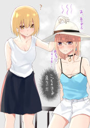 Rule 34 | 2girls, :o, ?, bare arms, bare shoulders, black choker, black skirt, blonde hair, blue camisole, breasts, brown eyes, camisole, choker, cleavage, closed mouth, collarbone, earrings, grey background, hair between eyes, hand on headwear, hat, highres, jewelry, light brown hair, long hair, multiple girls, original, parted lips, piripun, railing, short shorts, shorts, sitting, skirt, small breasts, standing, sun hat, sweat, tank top, translation request, wavy mouth, white headwear, white shorts, white tank top