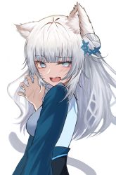 Rule 34 | 1girl, absurdres, animal ear fluff, animal ears, blue eyes, blue flower, blue nails, blush, breasts, cat ears, chinese clothes, claw pose, commission, commissioner upload, fang, flower, hair bun, hair flower, hair ornament, hand up, highres, indie virtual youtuber, kei8987, long hair, long sleeves, looking at viewer, looking back, medium breasts, nail polish, open mouth, sash, shei (vtuber), silver hair, simple background, single hair bun, skeb commission, solo, tail, tsurime, virtual youtuber, white background