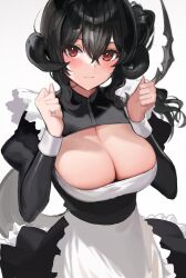 Rule 34 | 1girl, apron, au ra, black hair, blush, breasts, cleavage, clenched hands, cowboy shot, cyobiro, dragon girl, dragon horns, dragon tail, final fantasy, final fantasy xiv, frilled skirt, frills, hair between eyes, hair bun, hands up, horns, juliet sleeves, large breasts, light smile, long sleeves, looking at viewer, maid, maid apron, medium hair, puffy sleeves, red eyes, single side bun, skirt, solo, tail, warrior of light (ff14), white background
